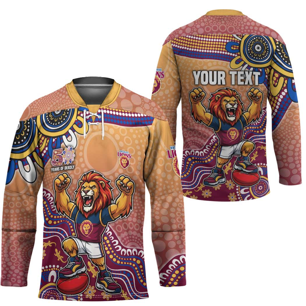 Personalized Brisbane Lions Football Mascot Hockey Jersey Aboriginal Dot Art Style Vibrant Indigenous Pattern Design