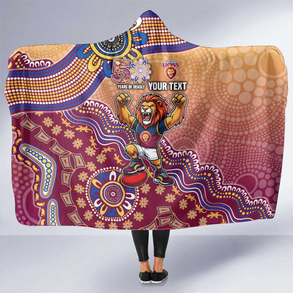 Personalized Brisbane Lions Football Mascot Hooded Blanket Aboriginal Dot Art Style Vibrant Indigenous Pattern Design