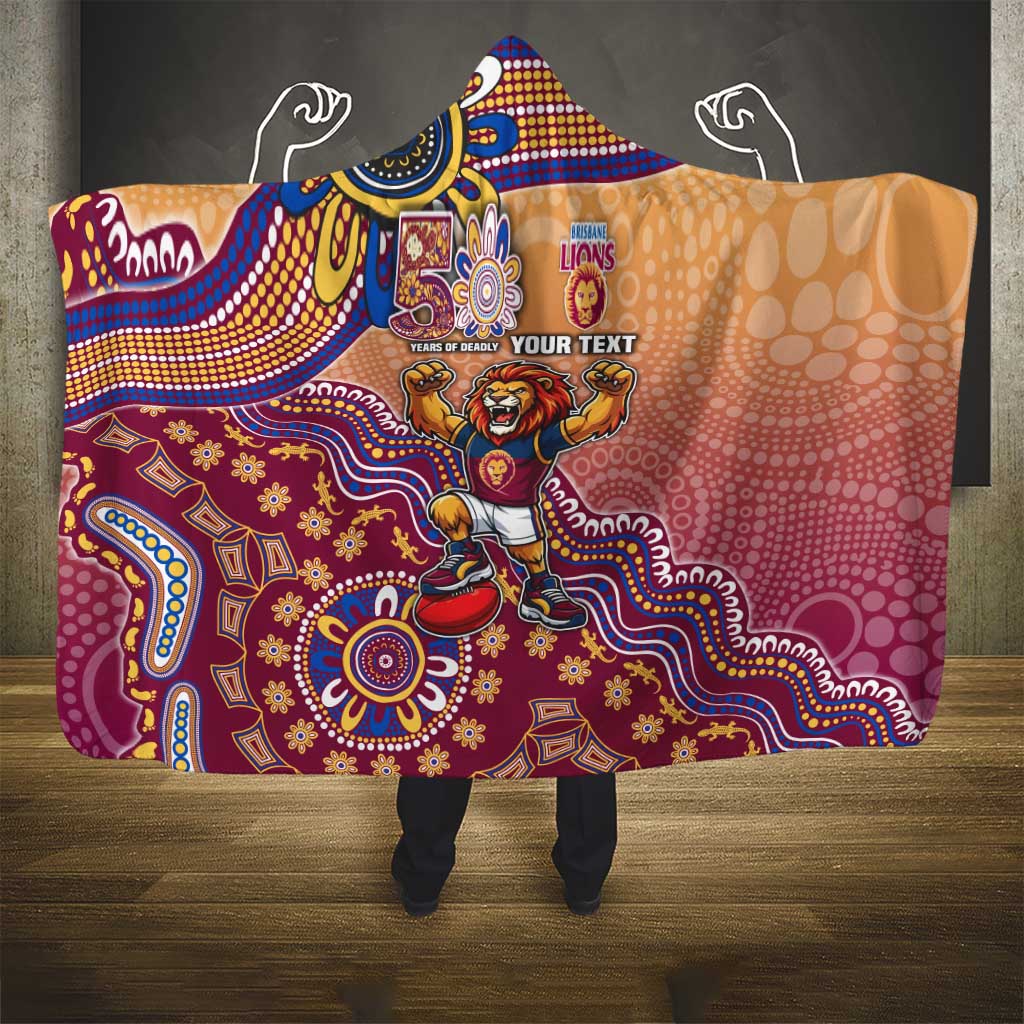 Personalized Brisbane Lions Football Mascot Hooded Blanket Aboriginal Dot Art Style Vibrant Indigenous Pattern Design