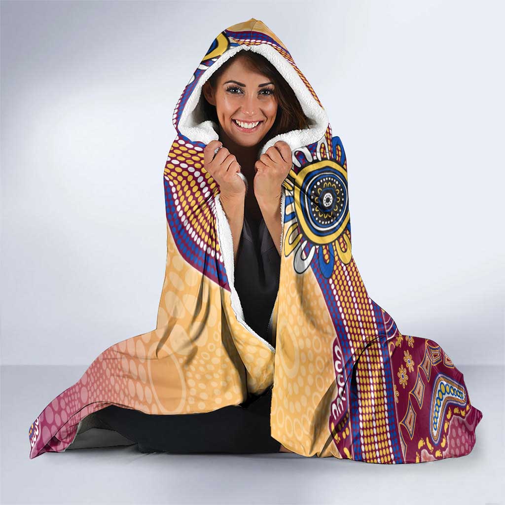 Personalized Brisbane Lions Football Mascot Hooded Blanket Aboriginal Dot Art Style Vibrant Indigenous Pattern Design