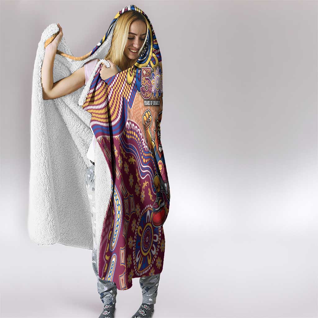 Personalized Brisbane Lions Football Mascot Hooded Blanket Aboriginal Dot Art Style Vibrant Indigenous Pattern Design