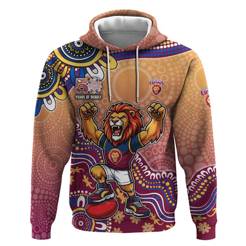 Personalized Brisbane Lions Football Mascot Hoodie Aboriginal Dot Art Style Vibrant Indigenous Pattern Design