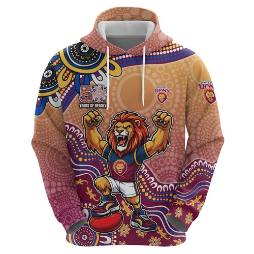 Personalized Brisbane Lions Football Mascot Hoodie Aboriginal Dot Art Style Vibrant Indigenous Pattern Design