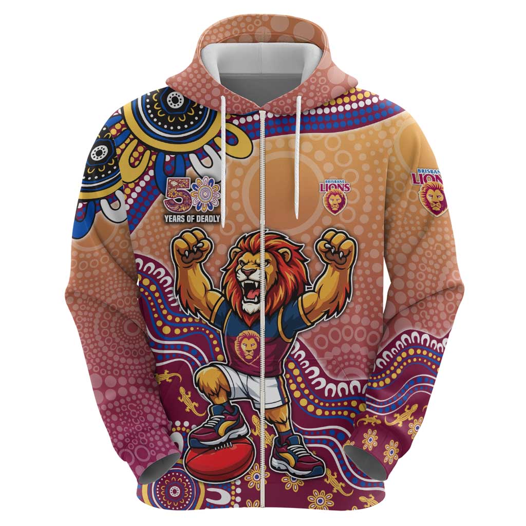 Personalized Brisbane Lions Football Mascot Hoodie Aboriginal Dot Art Style Vibrant Indigenous Pattern Design