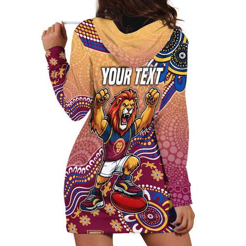 Personalized Brisbane Lions Football Mascot Hoodie Dress Aboriginal Dot Art Style Vibrant Indigenous Pattern Design