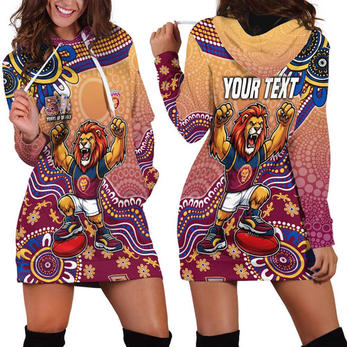 Personalized Brisbane Lions Football Mascot Hoodie Dress Aboriginal Dot Art Style Vibrant Indigenous Pattern Design