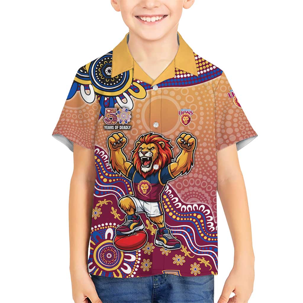 Personalized Brisbane Lions Football Mascot Kid Hawaiian Shirt Aboriginal Dot Art Style Vibrant Indigenous Pattern Design