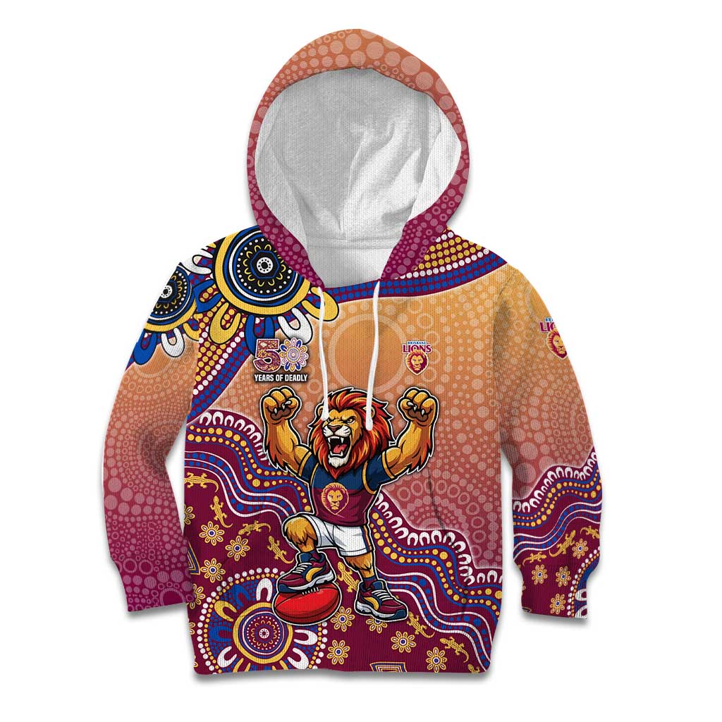 Personalized Brisbane Lions Football Mascot Kid Hoodie Aboriginal Dot Art Style Vibrant Indigenous Pattern Design