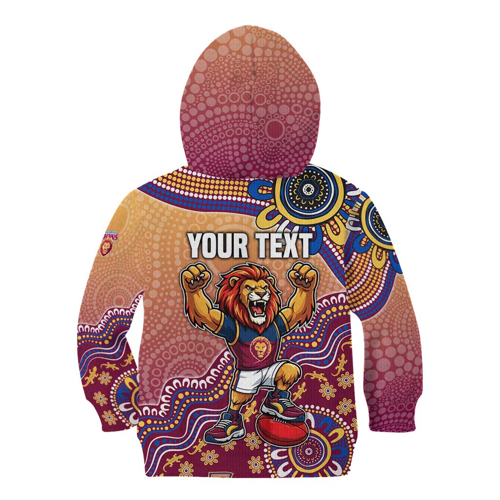 Personalized Brisbane Lions Football Mascot Kid Hoodie Aboriginal Dot Art Style Vibrant Indigenous Pattern Design