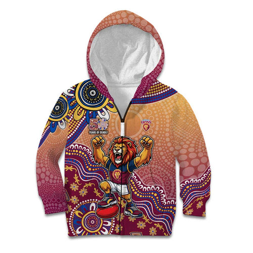 Personalized Brisbane Lions Football Mascot Kid Hoodie Aboriginal Dot Art Style Vibrant Indigenous Pattern Design