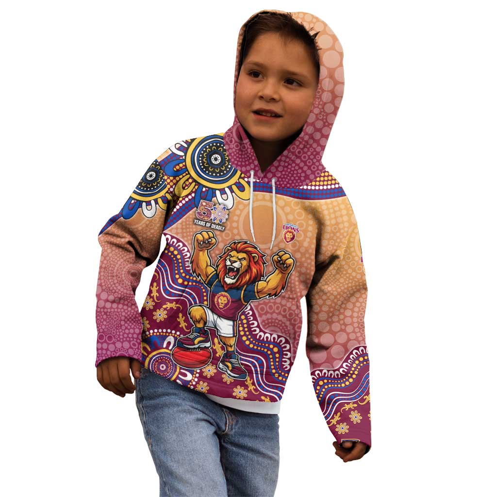 Personalized Brisbane Lions Football Mascot Kid Hoodie Aboriginal Dot Art Style Vibrant Indigenous Pattern Design