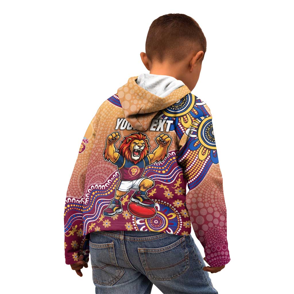 Personalized Brisbane Lions Football Mascot Kid Hoodie Aboriginal Dot Art Style Vibrant Indigenous Pattern Design