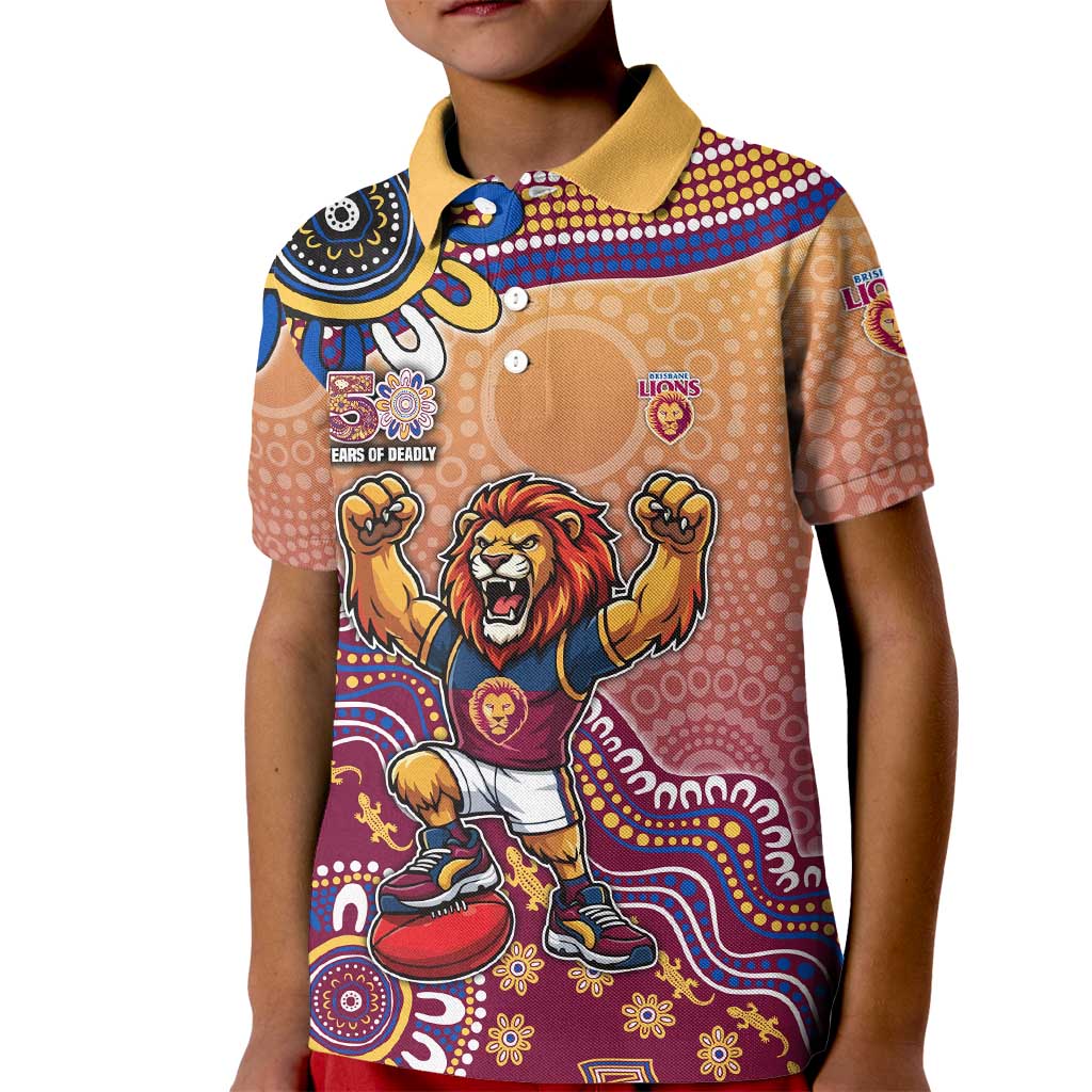 Personalized Brisbane Lions Football Mascot Kid Polo Shirt Aboriginal Dot Art Style Vibrant Indigenous Pattern Design