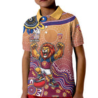 Personalized Brisbane Lions Football Mascot Kid Polo Shirt Aboriginal Dot Art Style Vibrant Indigenous Pattern Design