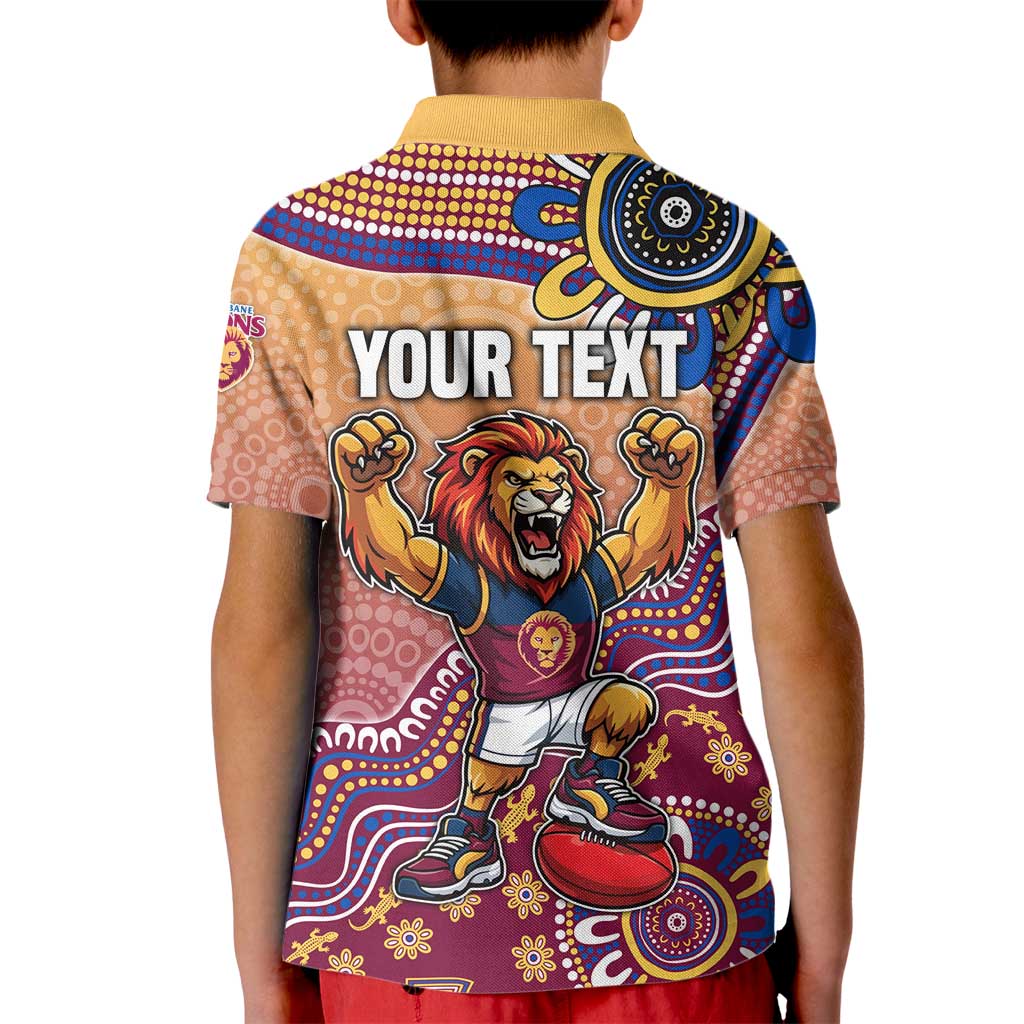 Personalized Brisbane Lions Football Mascot Kid Polo Shirt Aboriginal Dot Art Style Vibrant Indigenous Pattern Design