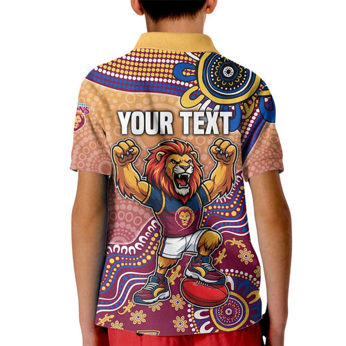 Personalized Brisbane Lions Football Mascot Kid Polo Shirt Aboriginal Dot Art Style Vibrant Indigenous Pattern Design