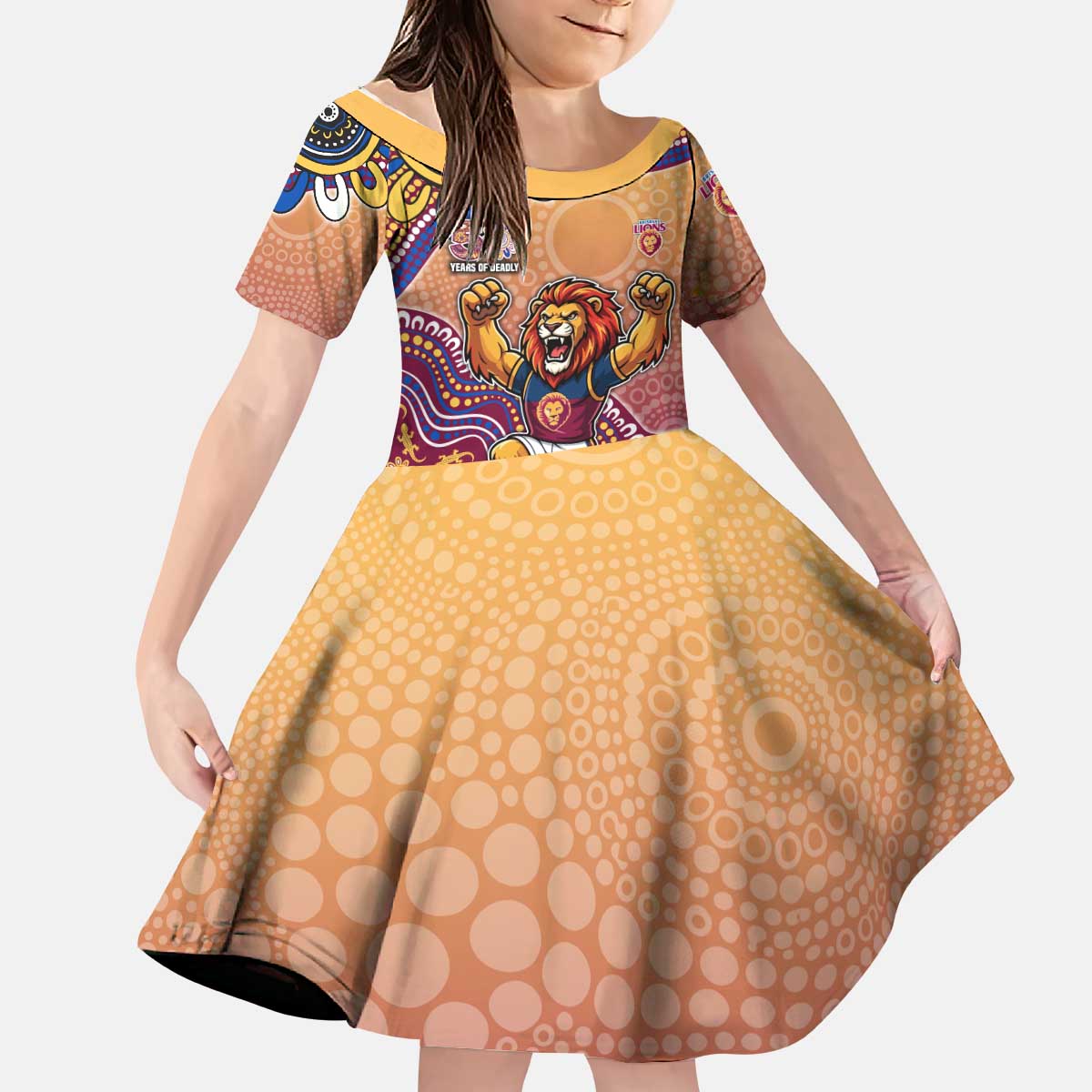 Personalized Brisbane Lions Football Mascot Kid Short Sleeve Dress Aboriginal Dot Art Style Vibrant Indigenous Pattern Design