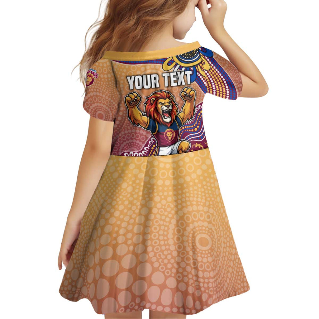 Personalized Brisbane Lions Football Mascot Kid Short Sleeve Dress Aboriginal Dot Art Style Vibrant Indigenous Pattern Design