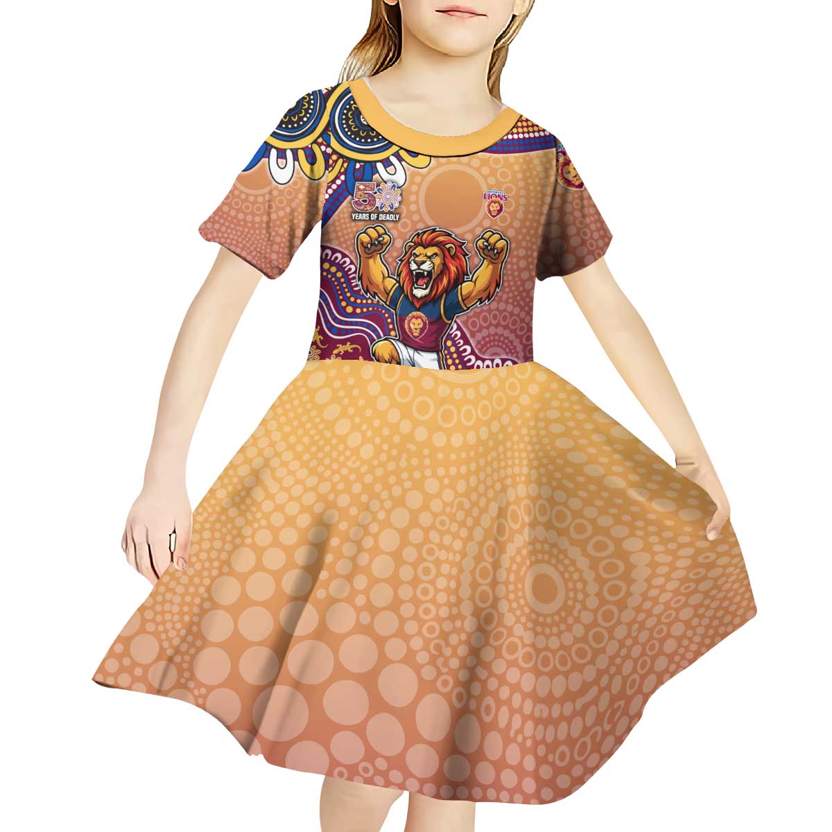 Personalized Brisbane Lions Football Mascot Kid Short Sleeve Dress Aboriginal Dot Art Style Vibrant Indigenous Pattern Design