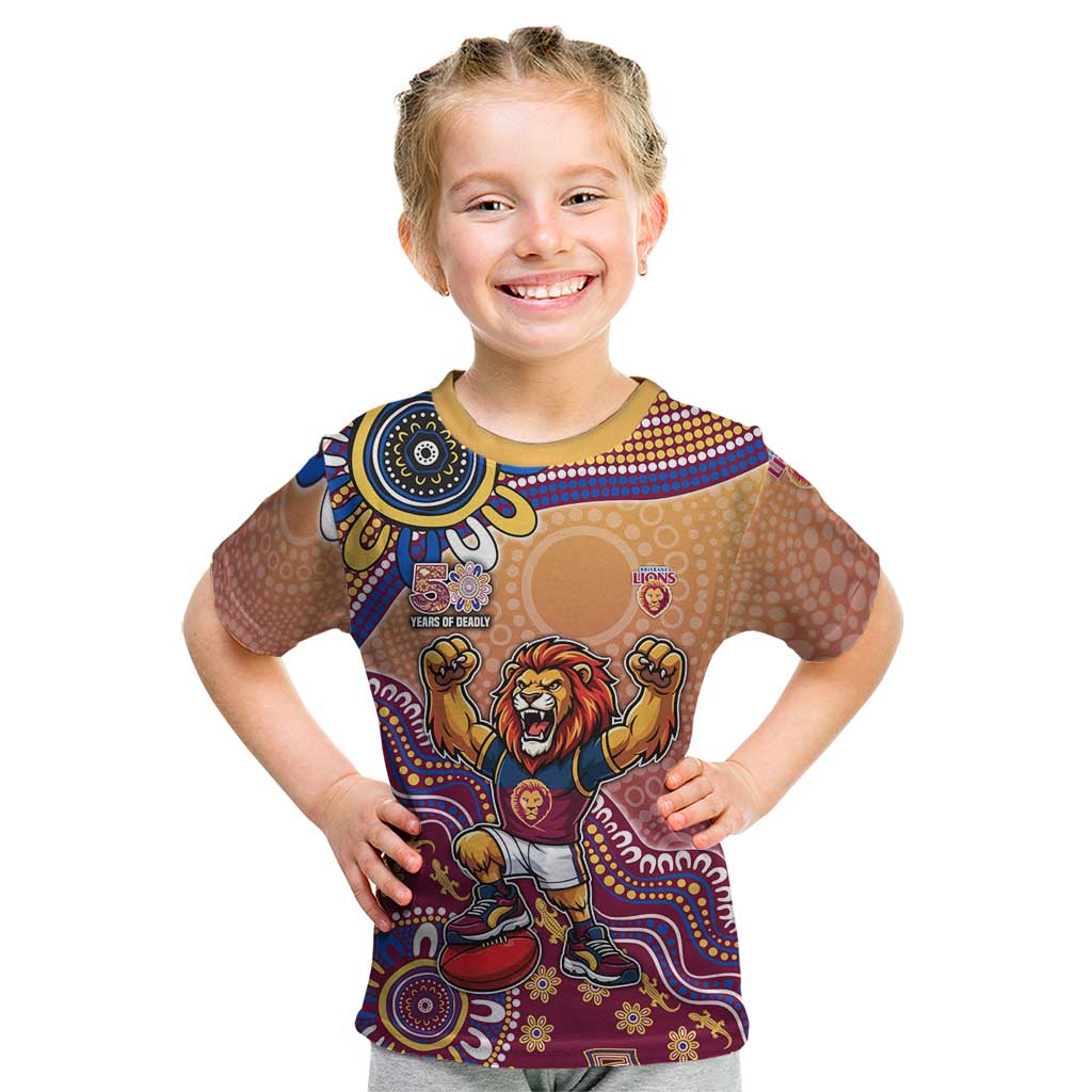 Personalized Brisbane Lions Football Mascot Kid T Shirt Aboriginal Dot Art Style Vibrant Indigenous Pattern Design