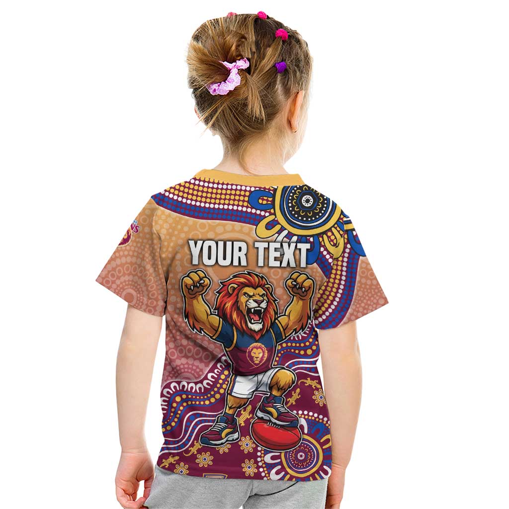 Personalized Brisbane Lions Football Mascot Kid T Shirt Aboriginal Dot Art Style Vibrant Indigenous Pattern Design