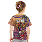 Personalized Brisbane Lions Football Mascot Kid T Shirt Aboriginal Dot Art Style Vibrant Indigenous Pattern Design