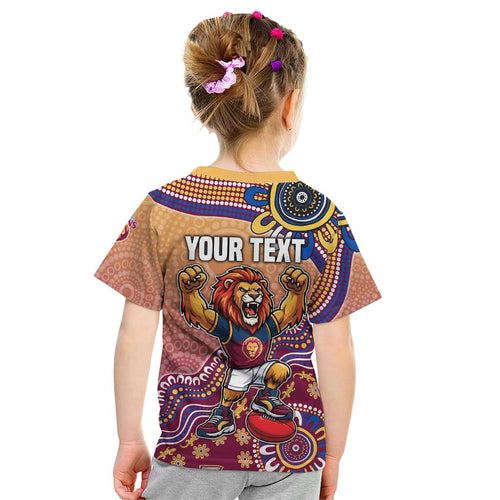 Personalized Brisbane Lions Football Mascot Kid T Shirt Aboriginal Dot Art Style Vibrant Indigenous Pattern Design