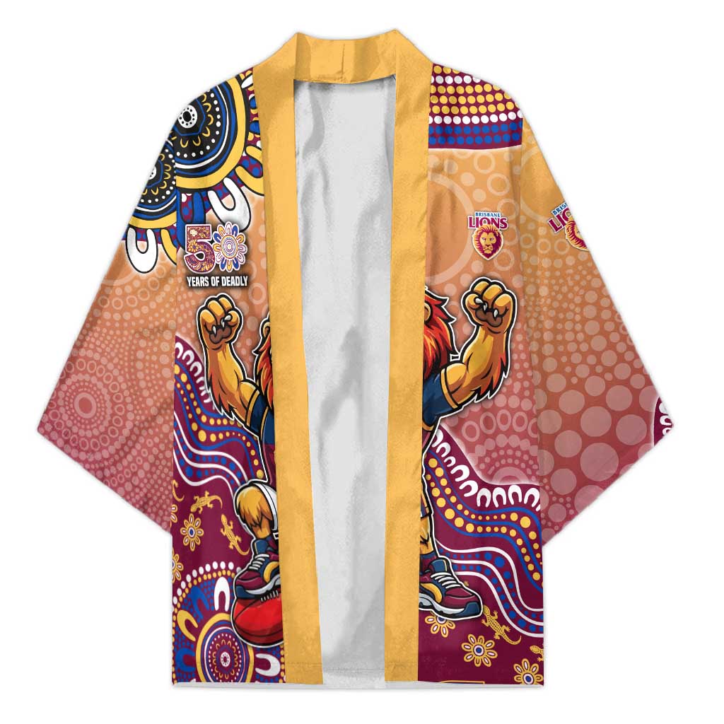 Personalized Brisbane Lions Football Mascot Kimono Aboriginal Dot Art Style Vibrant Indigenous Pattern Design