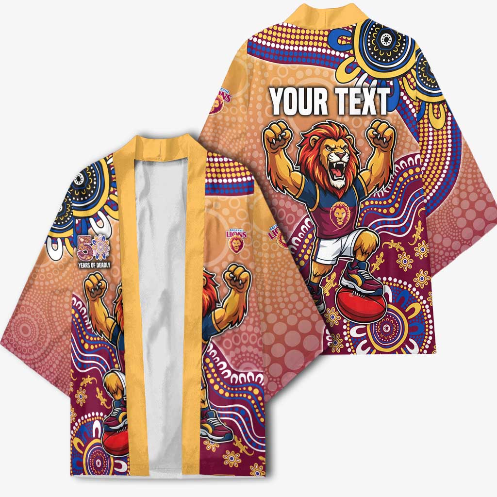 Personalized Brisbane Lions Football Mascot Kimono Aboriginal Dot Art Style Vibrant Indigenous Pattern Design
