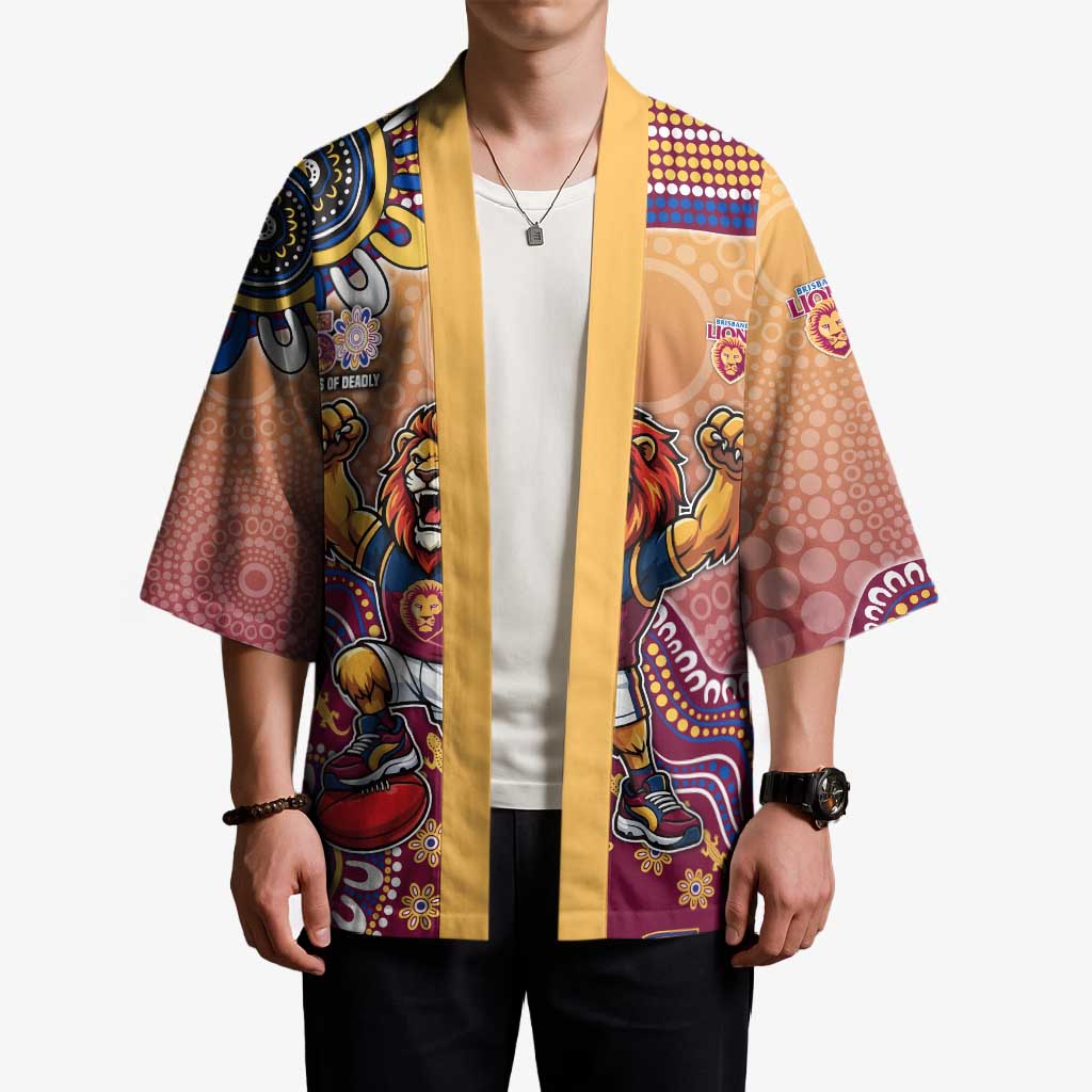 Personalized Brisbane Lions Football Mascot Kimono Aboriginal Dot Art Style Vibrant Indigenous Pattern Design