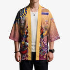 Personalized Brisbane Lions Football Mascot Kimono Aboriginal Dot Art Style Vibrant Indigenous Pattern Design