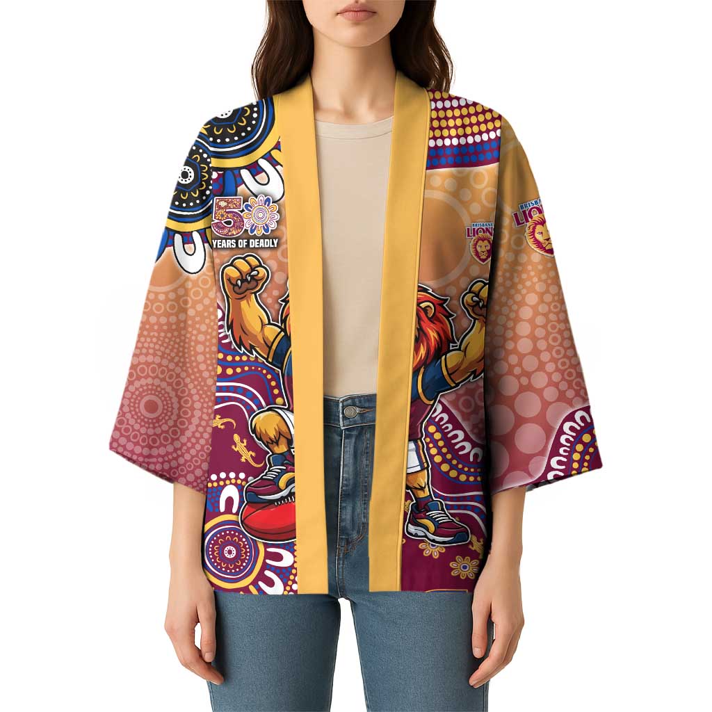 Personalized Brisbane Lions Football Mascot Kimono Aboriginal Dot Art Style Vibrant Indigenous Pattern Design