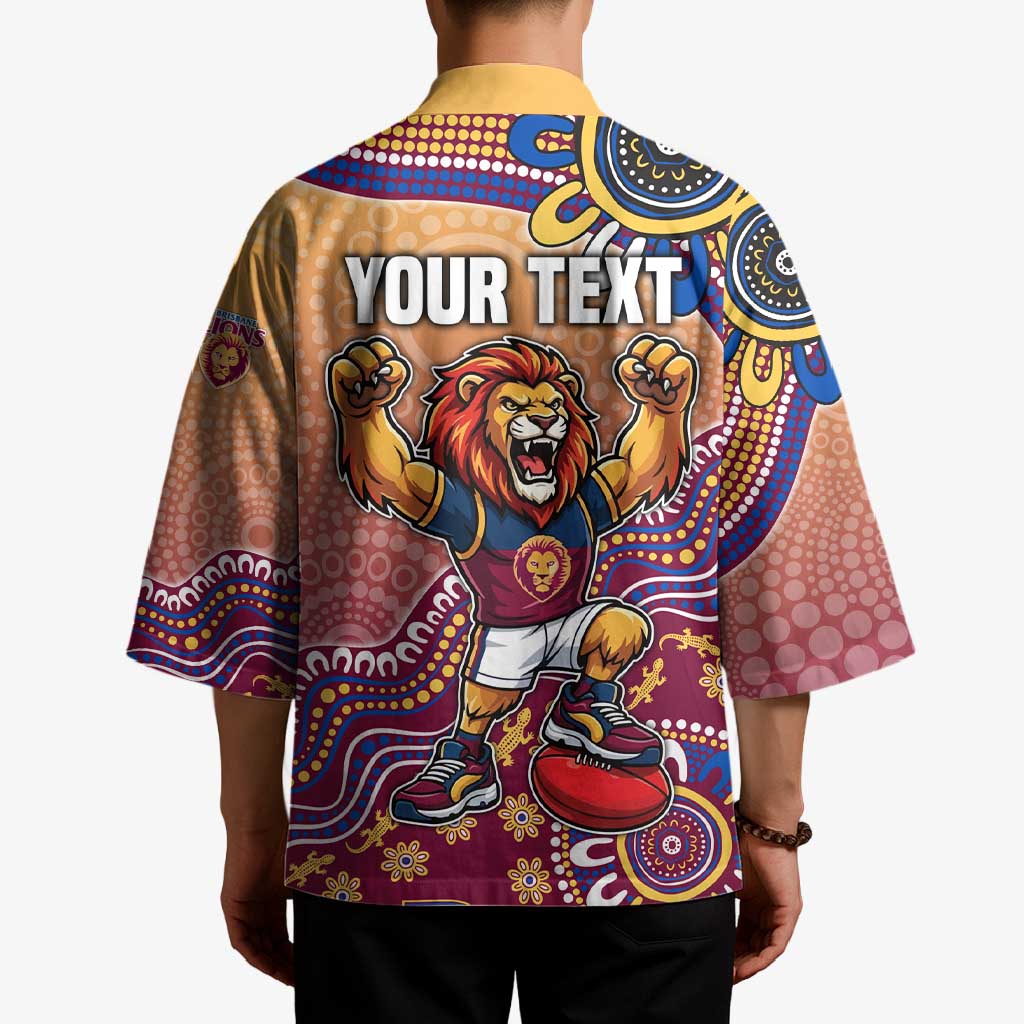Personalized Brisbane Lions Football Mascot Kimono Aboriginal Dot Art Style Vibrant Indigenous Pattern Design