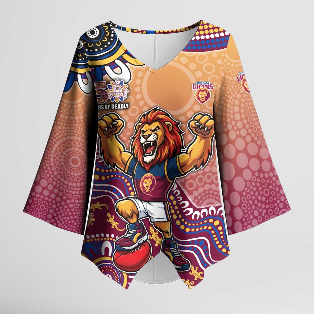 Personalized Brisbane Lions Football Mascot Kimono Sleeve Blouse Aboriginal Dot Art Style Vibrant Indigenous Pattern Design