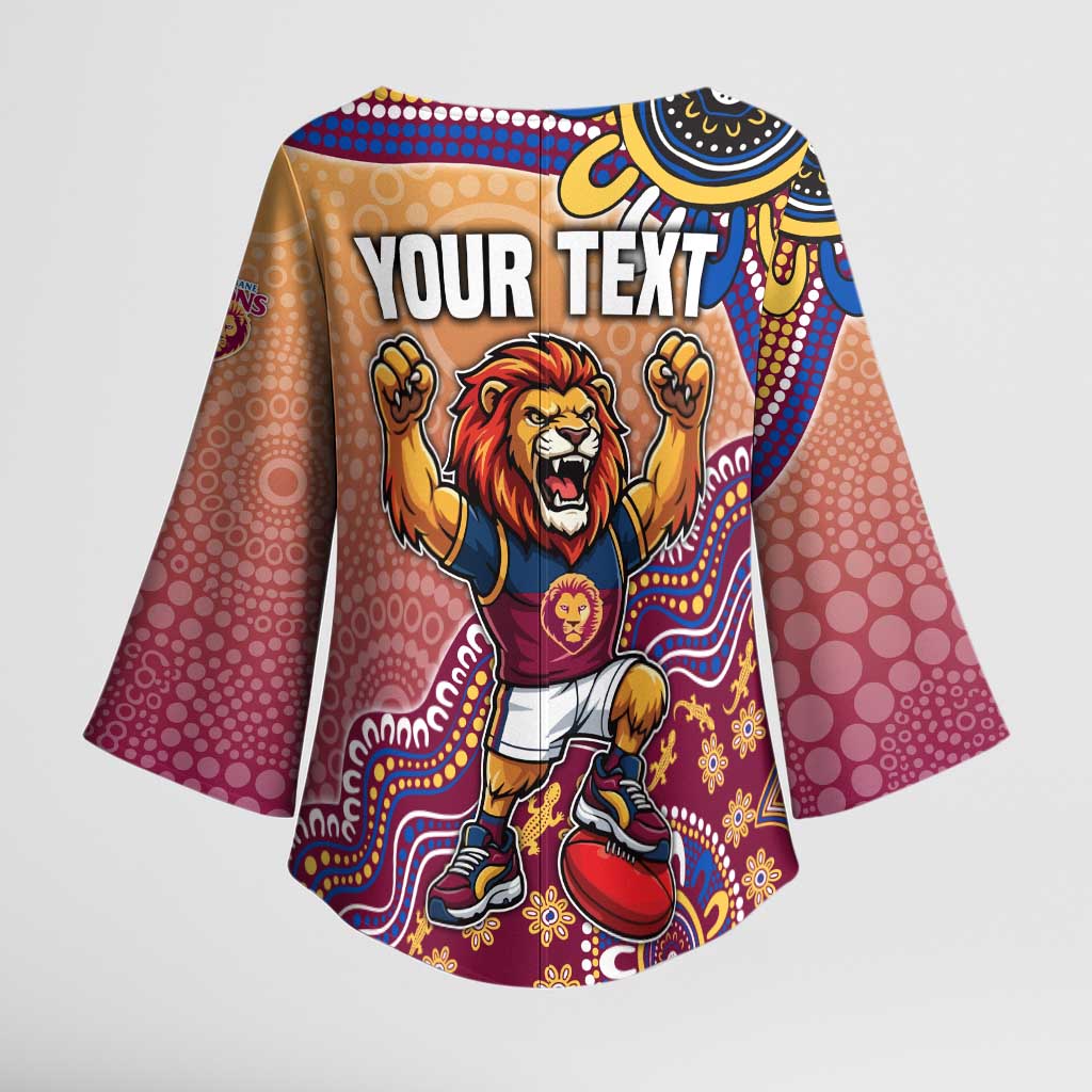Personalized Brisbane Lions Football Mascot Kimono Sleeve Blouse Aboriginal Dot Art Style Vibrant Indigenous Pattern Design