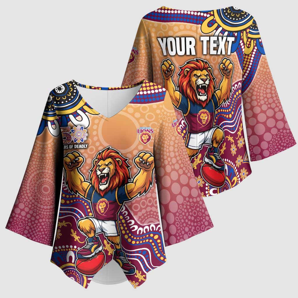 Personalized Brisbane Lions Football Mascot Kimono Sleeve Blouse Aboriginal Dot Art Style Vibrant Indigenous Pattern Design