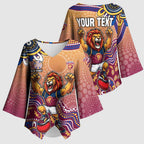 Personalized Brisbane Lions Football Mascot Kimono Sleeve Blouse Aboriginal Dot Art Style Vibrant Indigenous Pattern Design