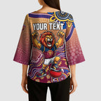 Personalized Brisbane Lions Football Mascot Kimono Sleeve Blouse Aboriginal Dot Art Style Vibrant Indigenous Pattern Design