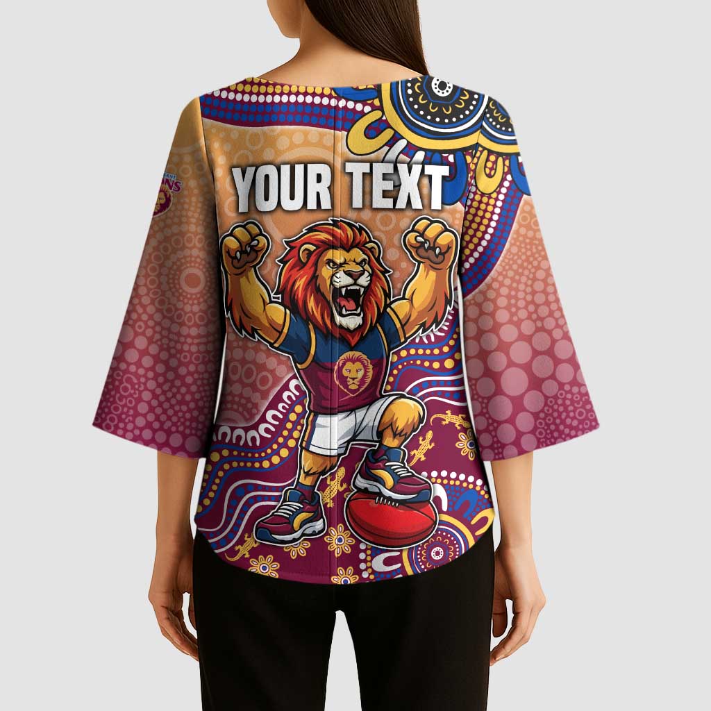 Personalized Brisbane Lions Football Mascot Kimono Sleeve Blouse Aboriginal Dot Art Style Vibrant Indigenous Pattern Design
