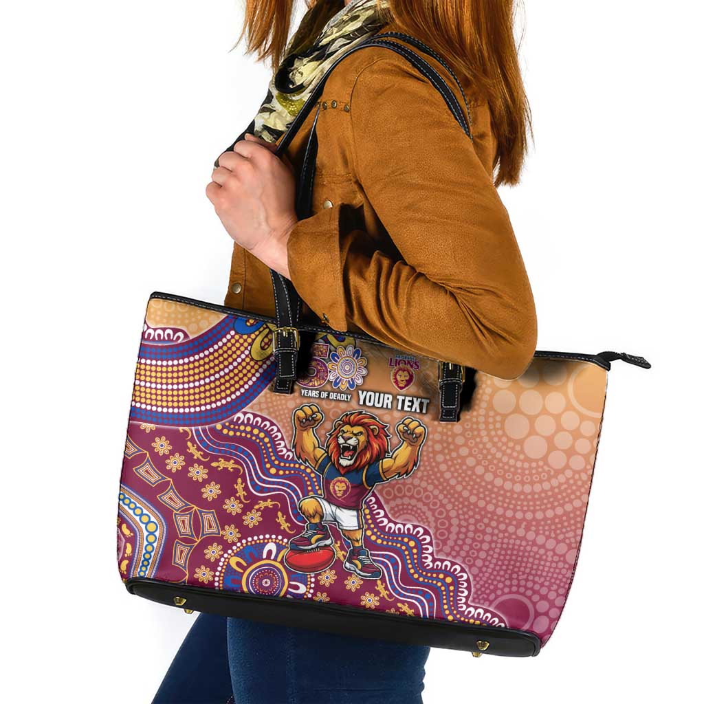 Personalized Brisbane Lions Football Mascot Leather Tote Bag Aboriginal Dot Art Style Vibrant Indigenous Pattern Design