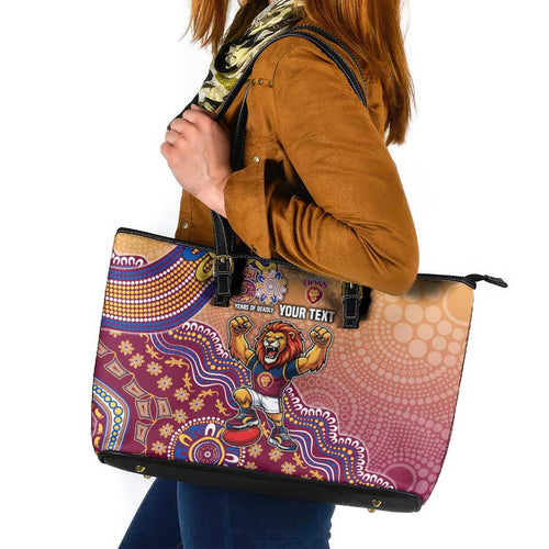 Personalized Brisbane Lions Football Mascot Leather Tote Bag Aboriginal Dot Art Style Vibrant Indigenous Pattern Design