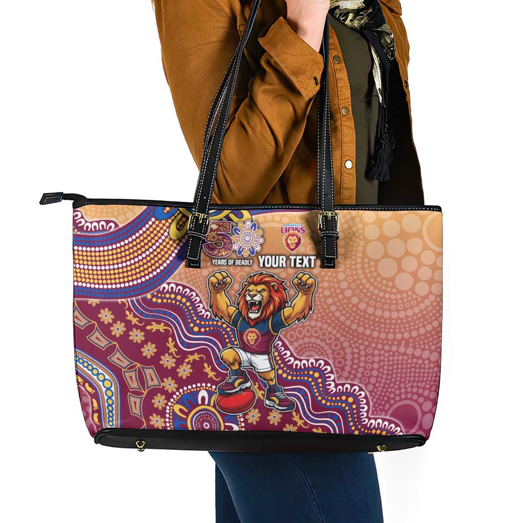 Personalized Brisbane Lions Football Mascot Leather Tote Bag Aboriginal Dot Art Style Vibrant Indigenous Pattern Design