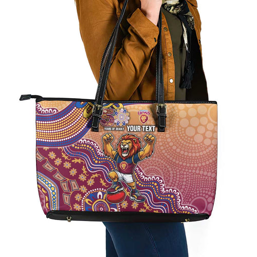 Personalized Brisbane Lions Football Mascot Leather Tote Bag Aboriginal Dot Art Style Vibrant Indigenous Pattern Design