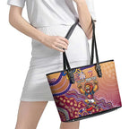 Personalized Brisbane Lions Football Mascot Leather Tote Bag Aboriginal Dot Art Style Vibrant Indigenous Pattern Design