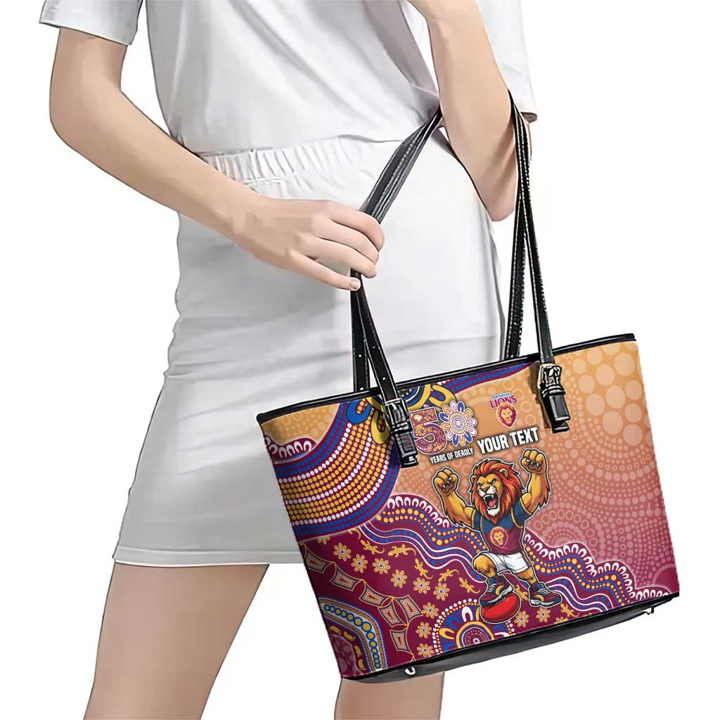 Personalized Brisbane Lions Football Mascot Leather Tote Bag Aboriginal Dot Art Style Vibrant Indigenous Pattern Design
