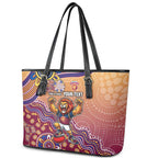 Personalized Brisbane Lions Football Mascot Leather Tote Bag Aboriginal Dot Art Style Vibrant Indigenous Pattern Design