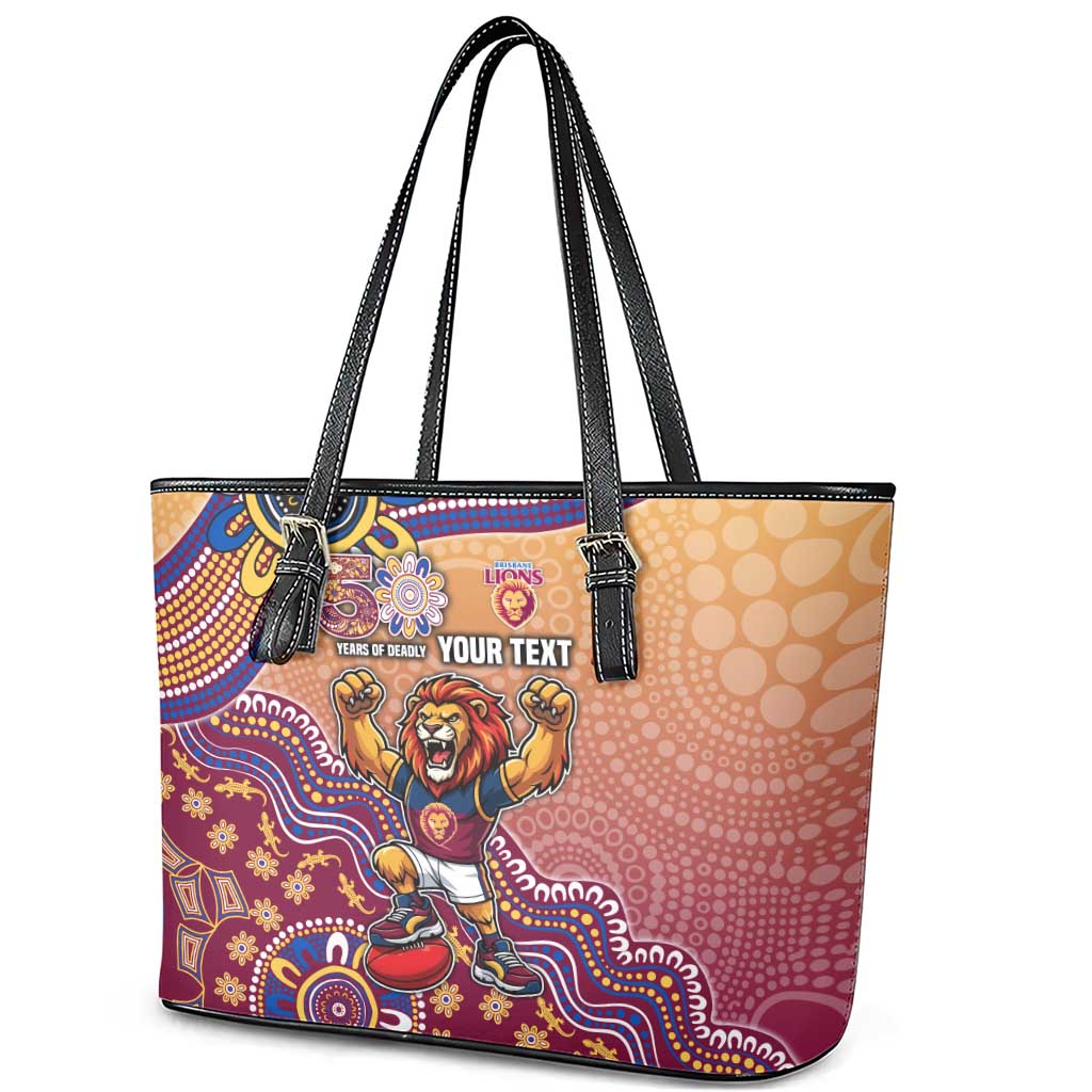 Personalized Brisbane Lions Football Mascot Leather Tote Bag Aboriginal Dot Art Style Vibrant Indigenous Pattern Design