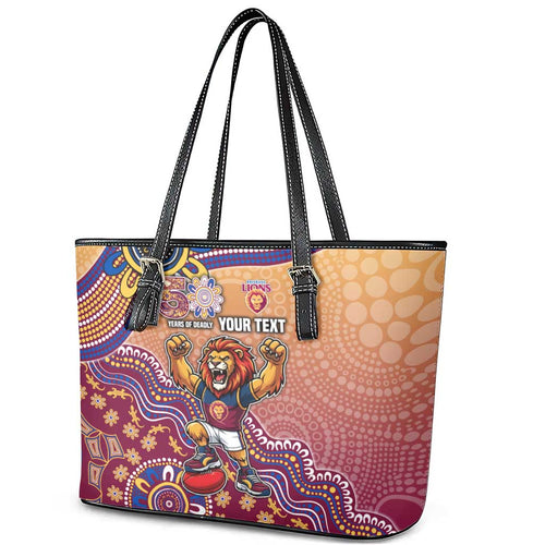Personalized Brisbane Lions Football Mascot Leather Tote Bag Aboriginal Dot Art Style Vibrant Indigenous Pattern Design