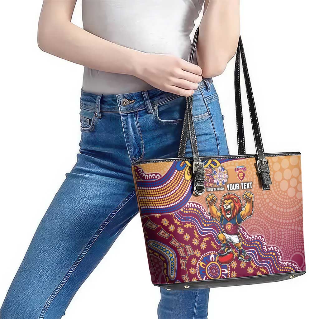 Personalized Brisbane Lions Football Mascot Leather Tote Bag Aboriginal Dot Art Style Vibrant Indigenous Pattern Design