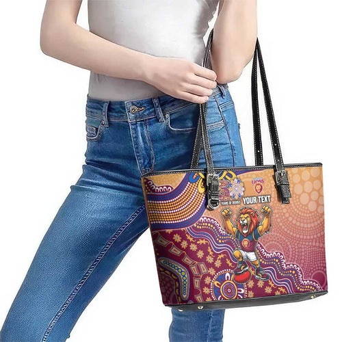 Personalized Brisbane Lions Football Mascot Leather Tote Bag Aboriginal Dot Art Style Vibrant Indigenous Pattern Design